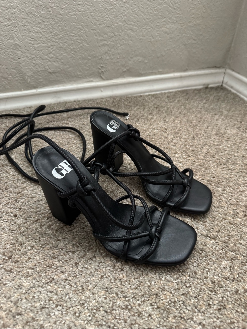 GB Black Strappy Wrap Up Block Heel Sandals